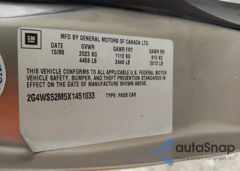 1999 Buick Century Custom из США, поврежденный, VIN 2G4WS52M5X1451033